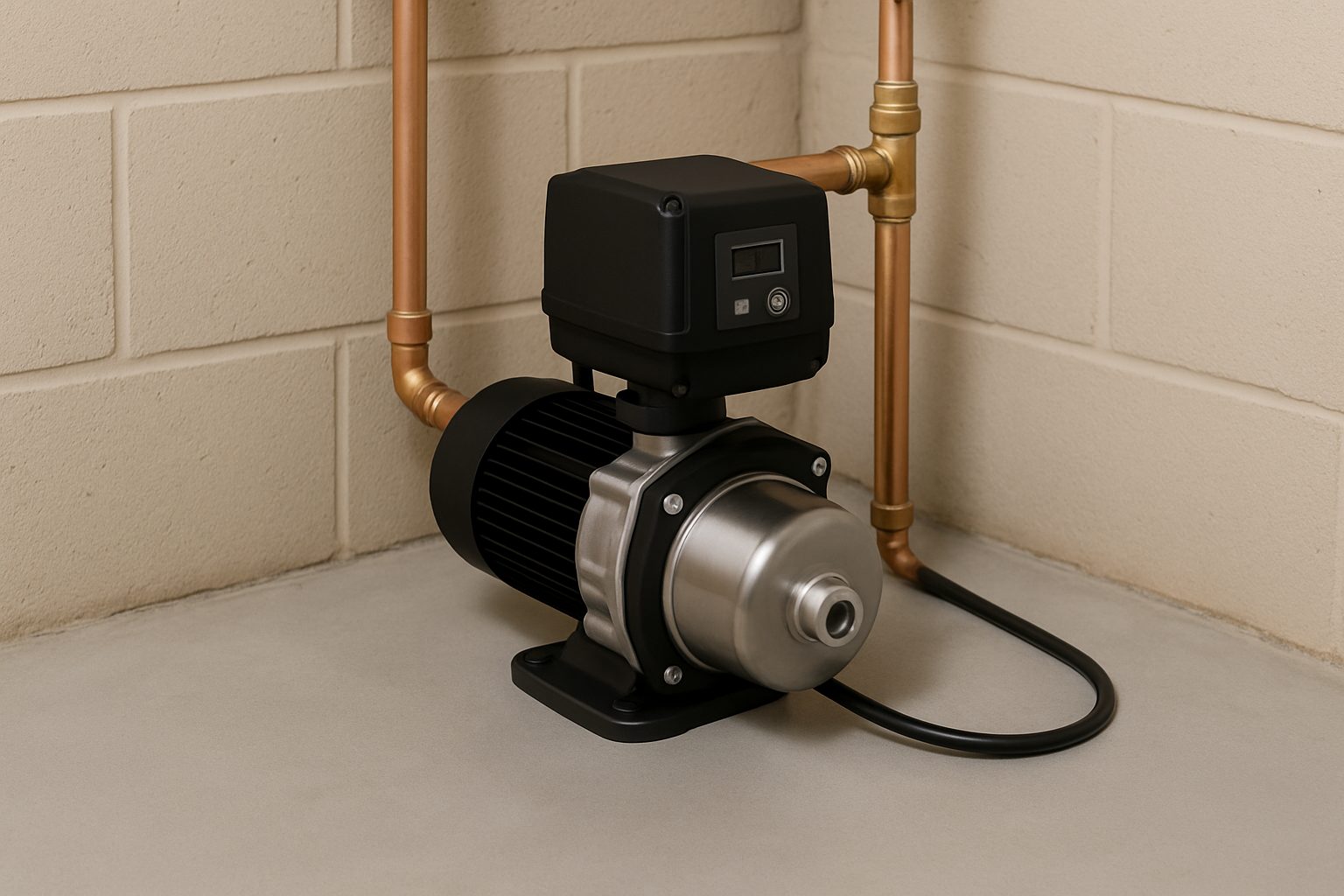 A compact constant pressure pump neatly installed in the corner of a basement.