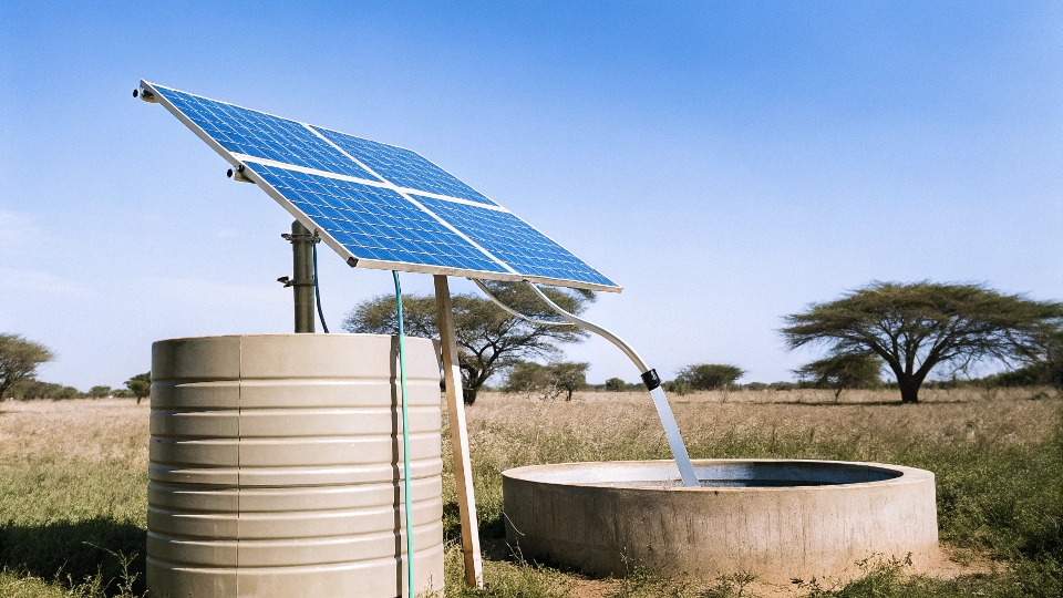 A solar water pump system in a rural field