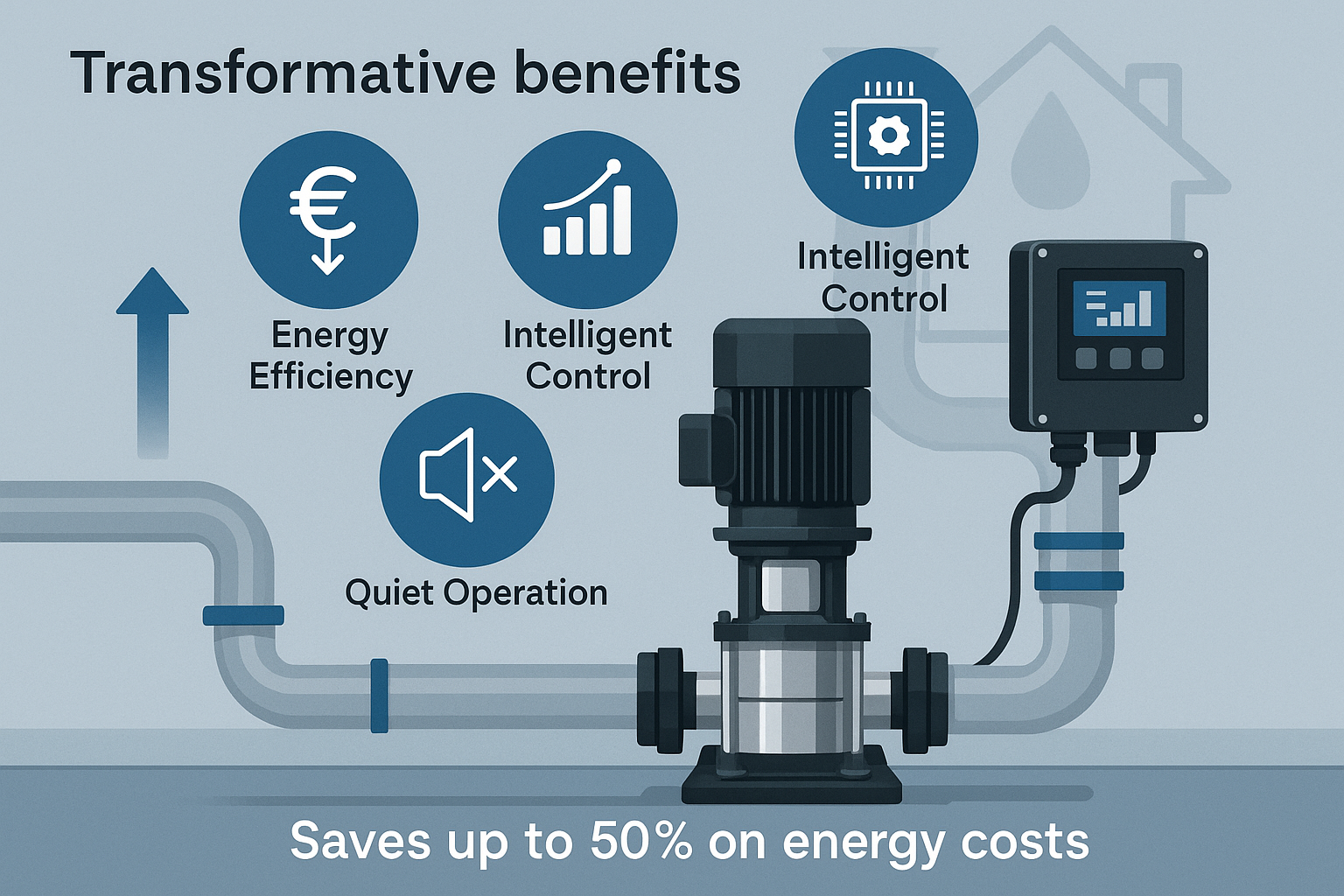 A split image showing a happy family in a home with good water pressure and a graph of energy savings