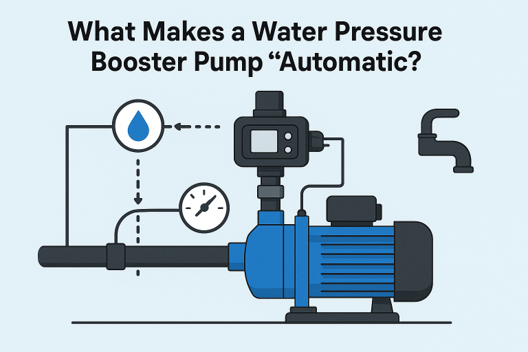 RAFSUN automatic water pressure booster pump with integrated sensors and smart controller. The pump detects water flow and pressure drops, automatically starting to boost water pressure and stopping when demand ceases, ensuring efficient and reliable home water supply.