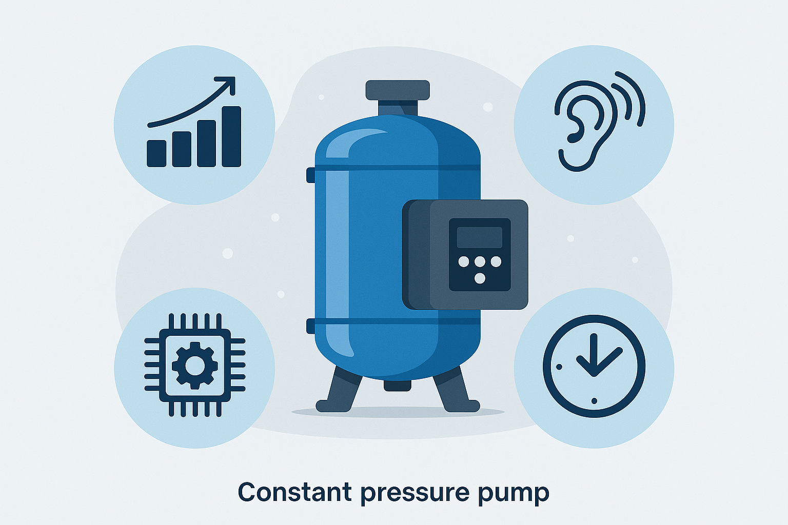 A collage of icons representing energy savings, quiet operation, smart control, and durability