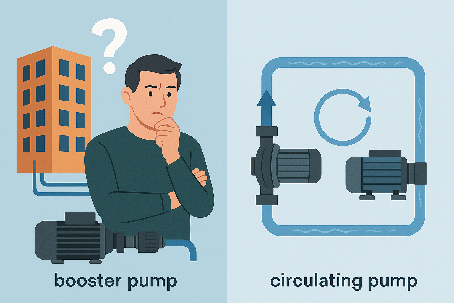 A side-by-side comparison of a booster pump setup and an HVAC circulating pump setup