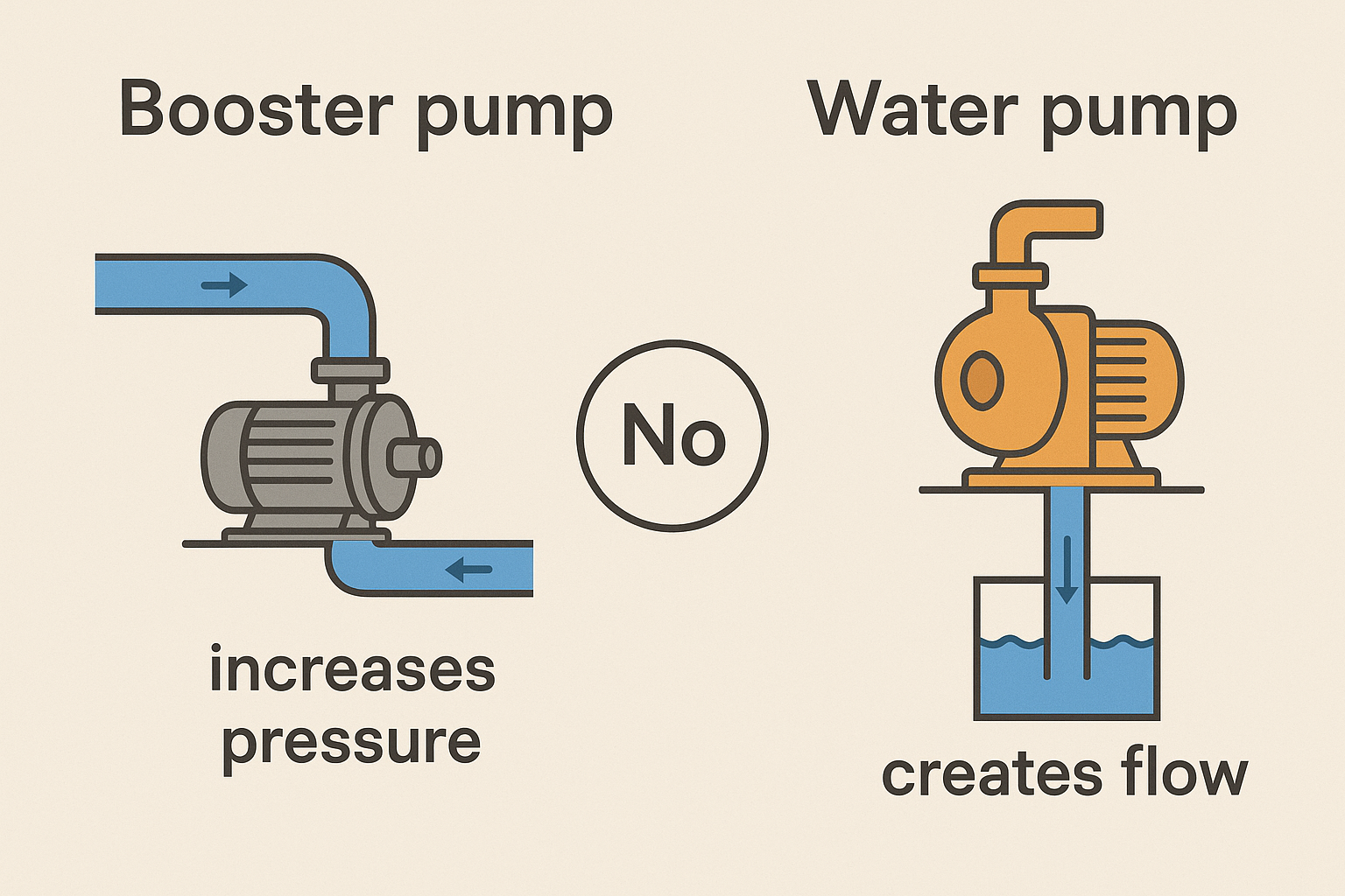Diagram showing a water pump drawing water from a well and a booster pump increasing pressure in a pipe