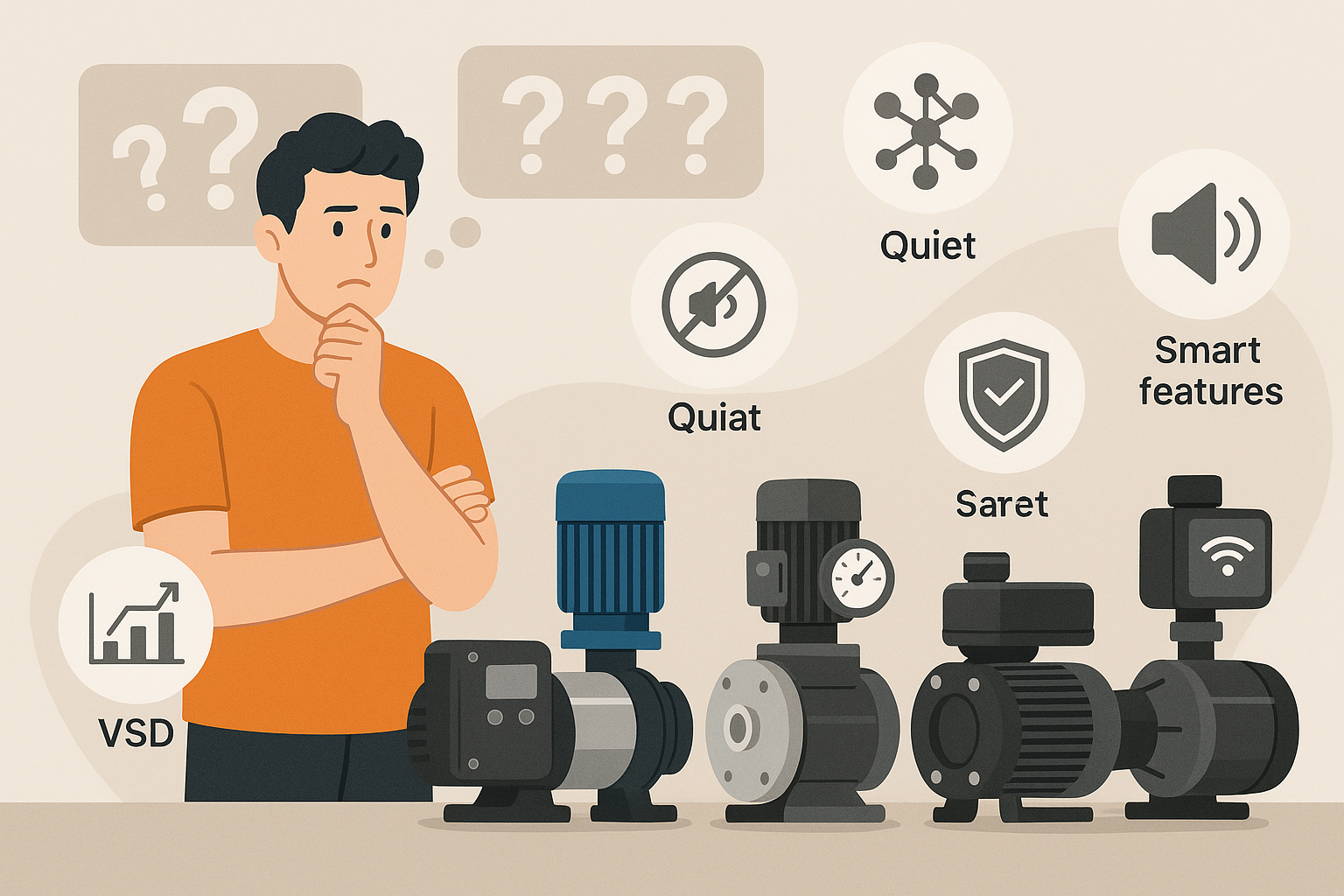 A checklist graphic with icons for efficiency, durability, quietness, safety, and smart features.