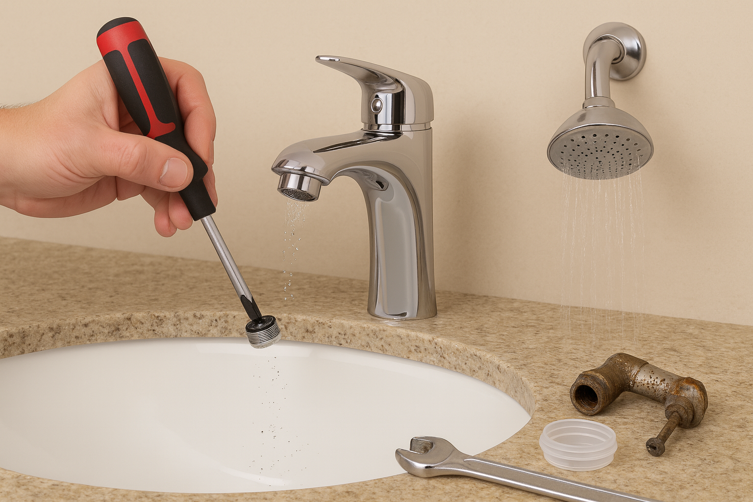 Closeup of a person cleaning a faucet aerator
