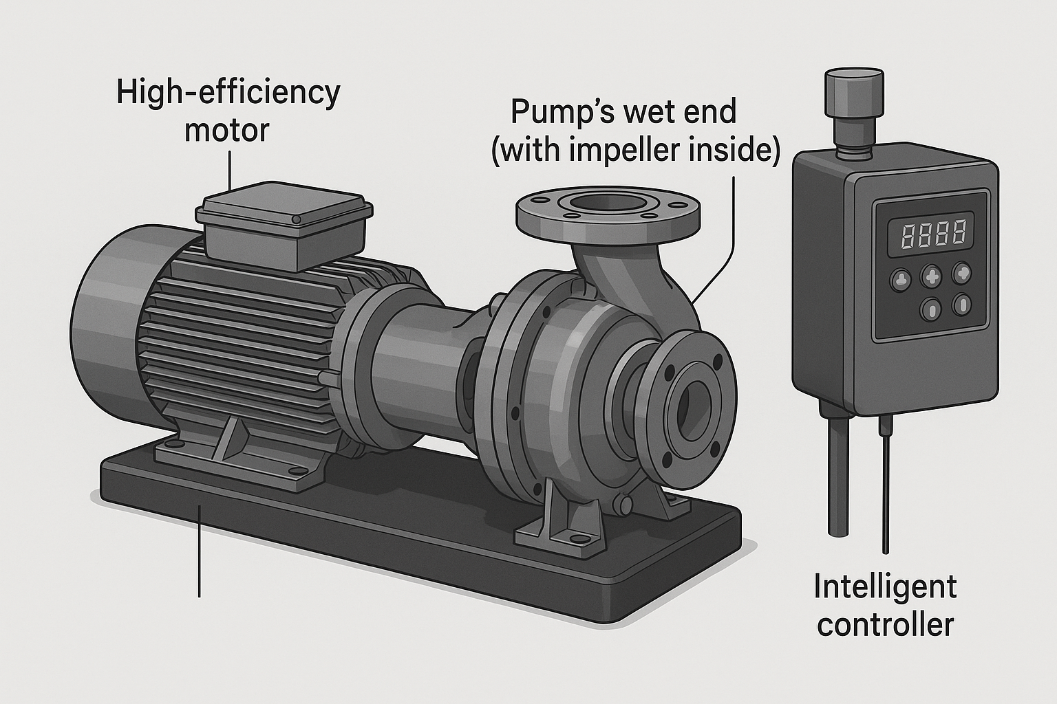 Exploded view of a RAFSUN booster pump showing the motor, controller, and impeller