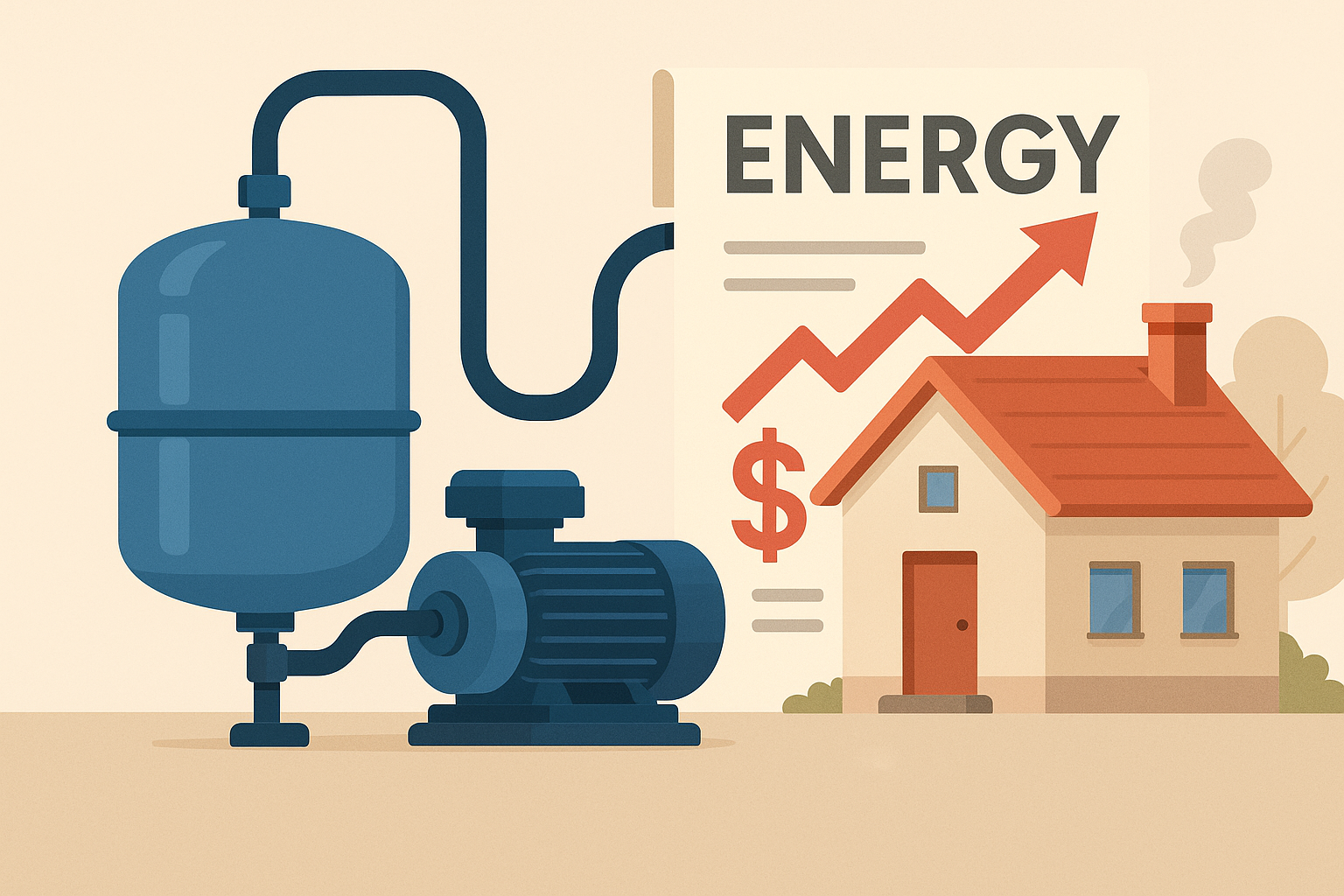 An energy meter spinning rapidly next to an old, rusty water pump