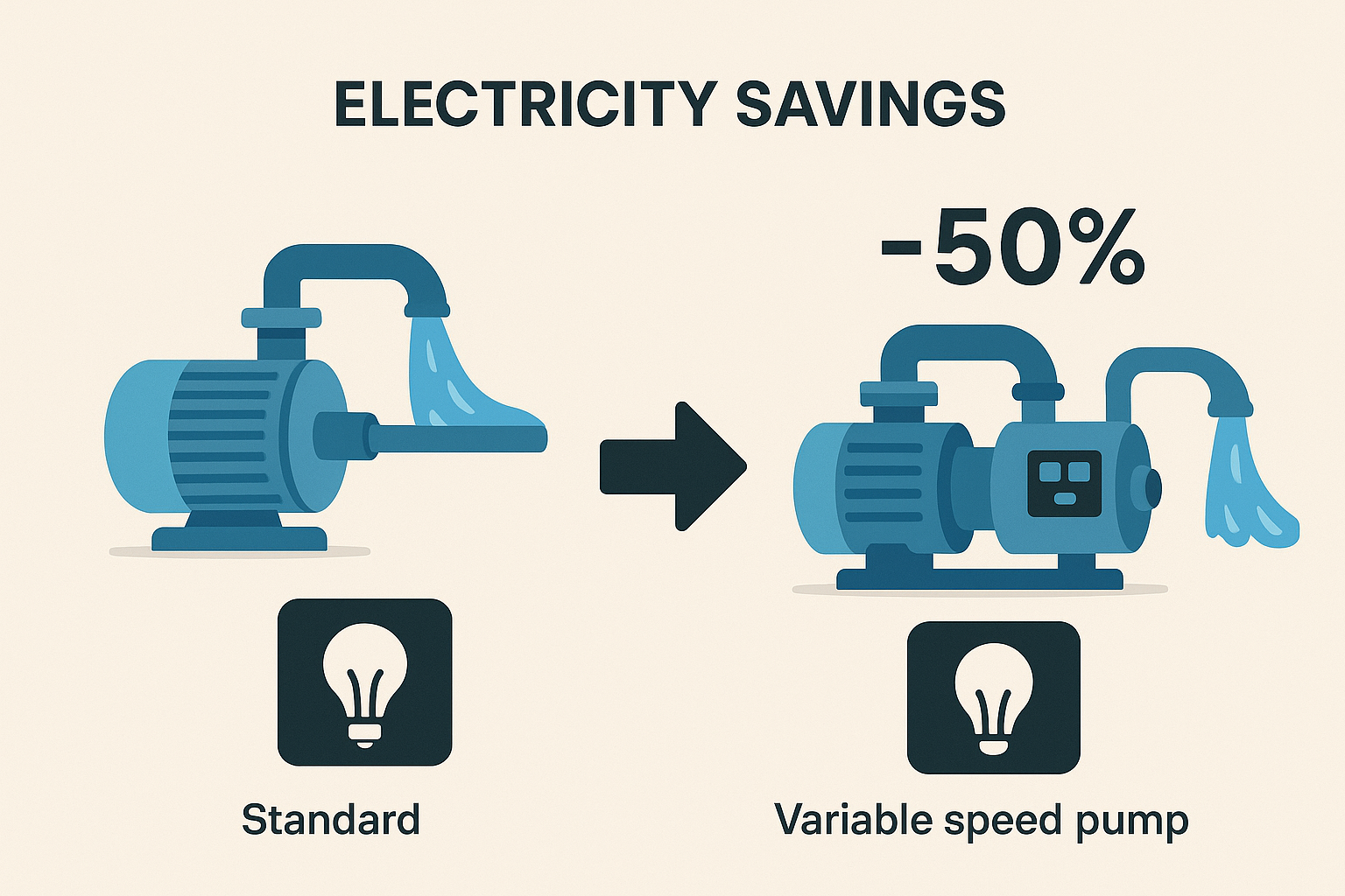 A side-by-side comparison infographic showing the monthly electricity cost of a VSD pump vs. a traditional pump.
