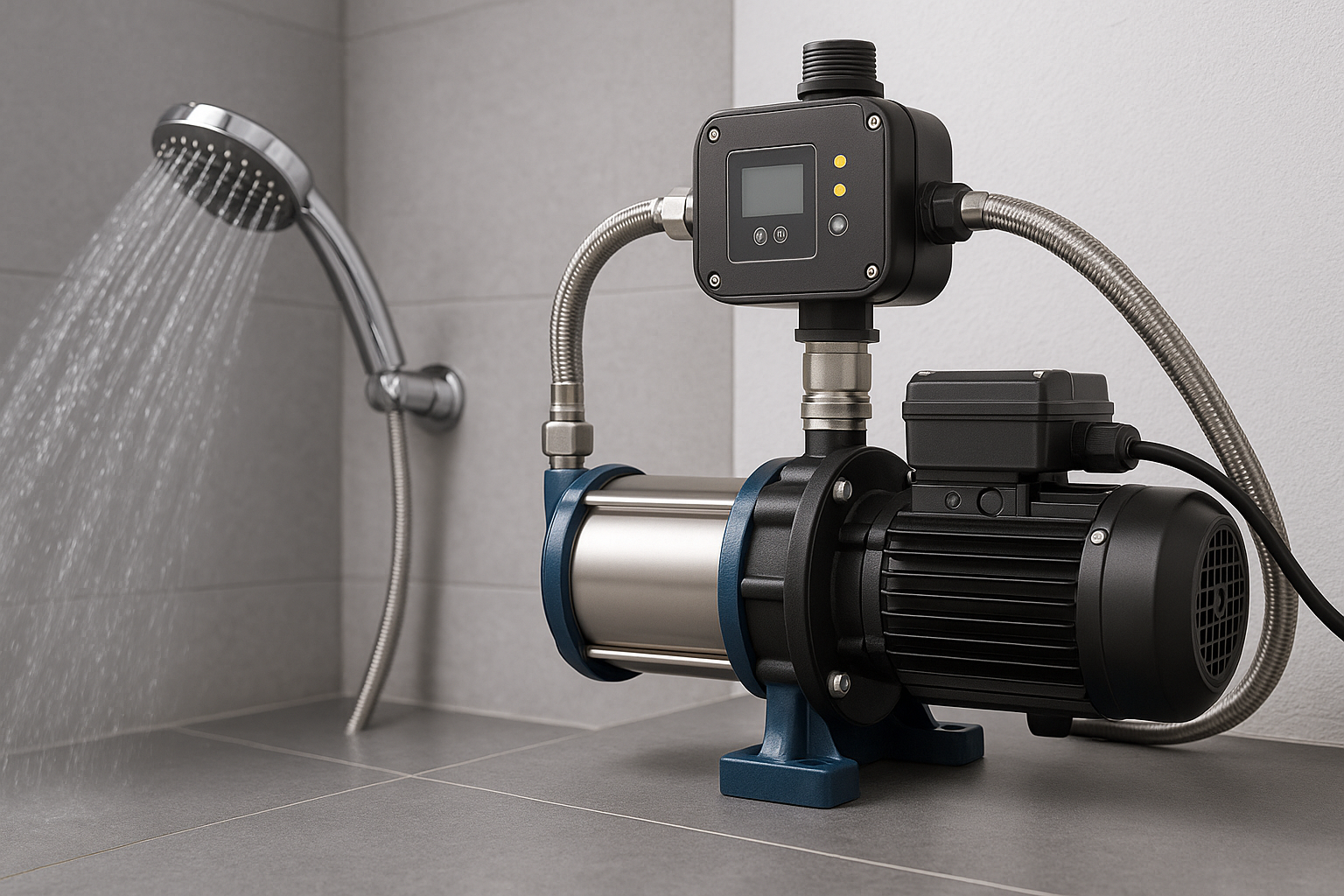 A high-efficiency booster pressure pump installed in a clean utility room