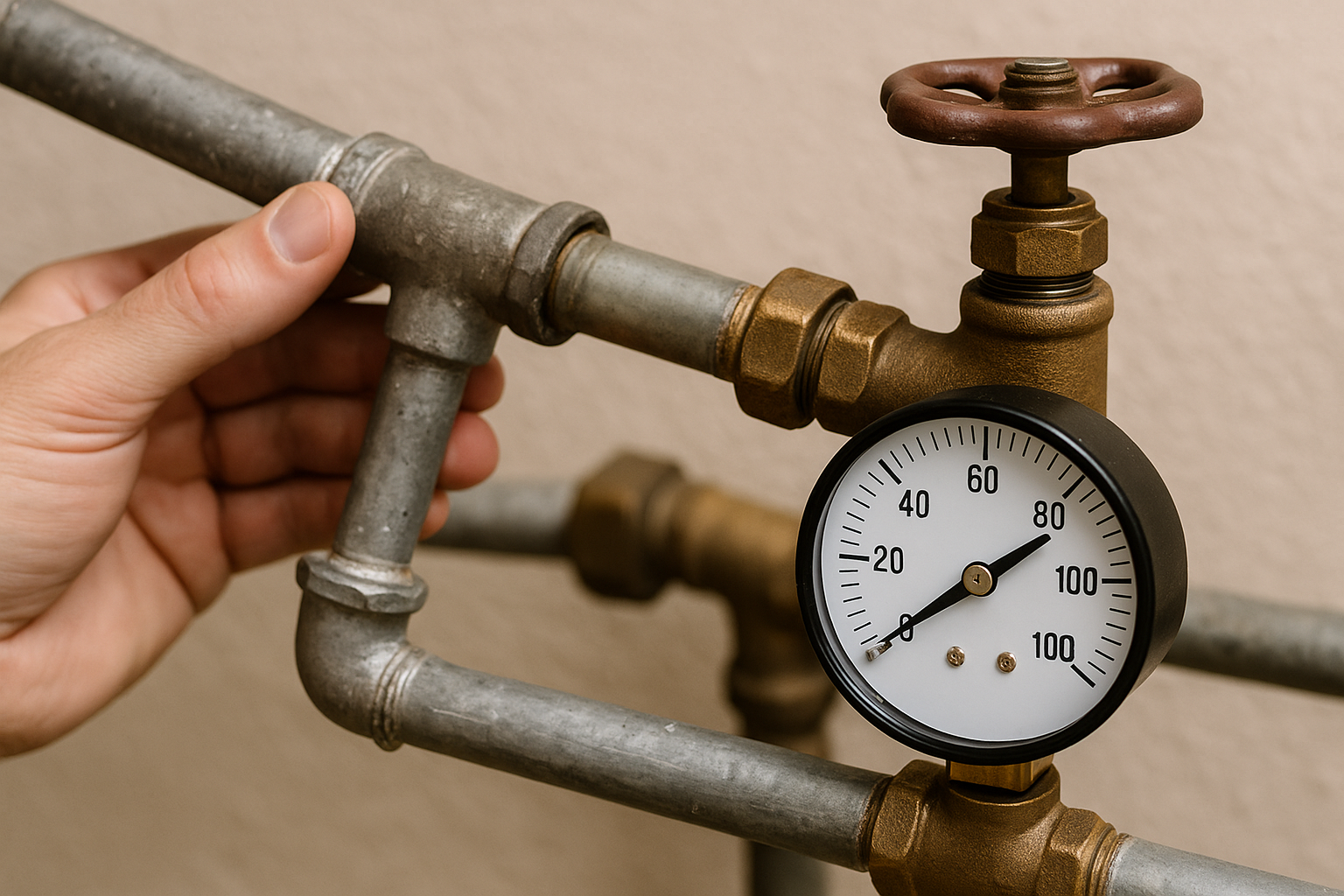 A pressure gauge showing high PSI next to a tap with a weak stream of water