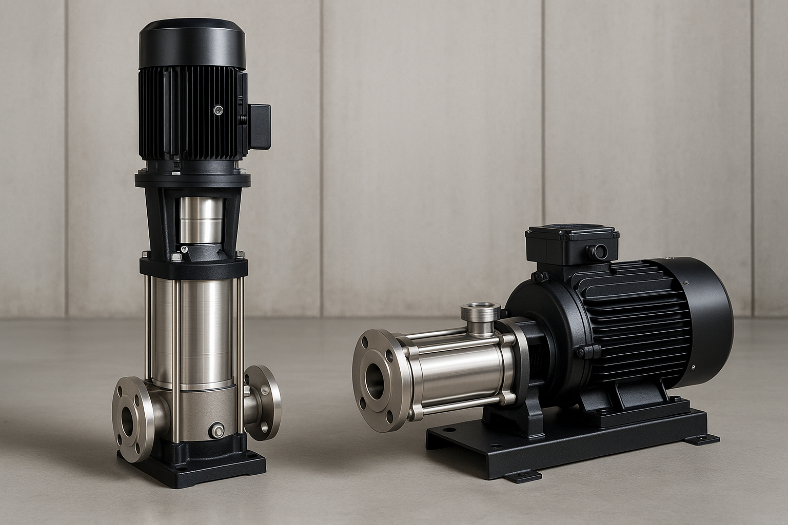 A horizontal multistage pump next to a vertical pump for comparison