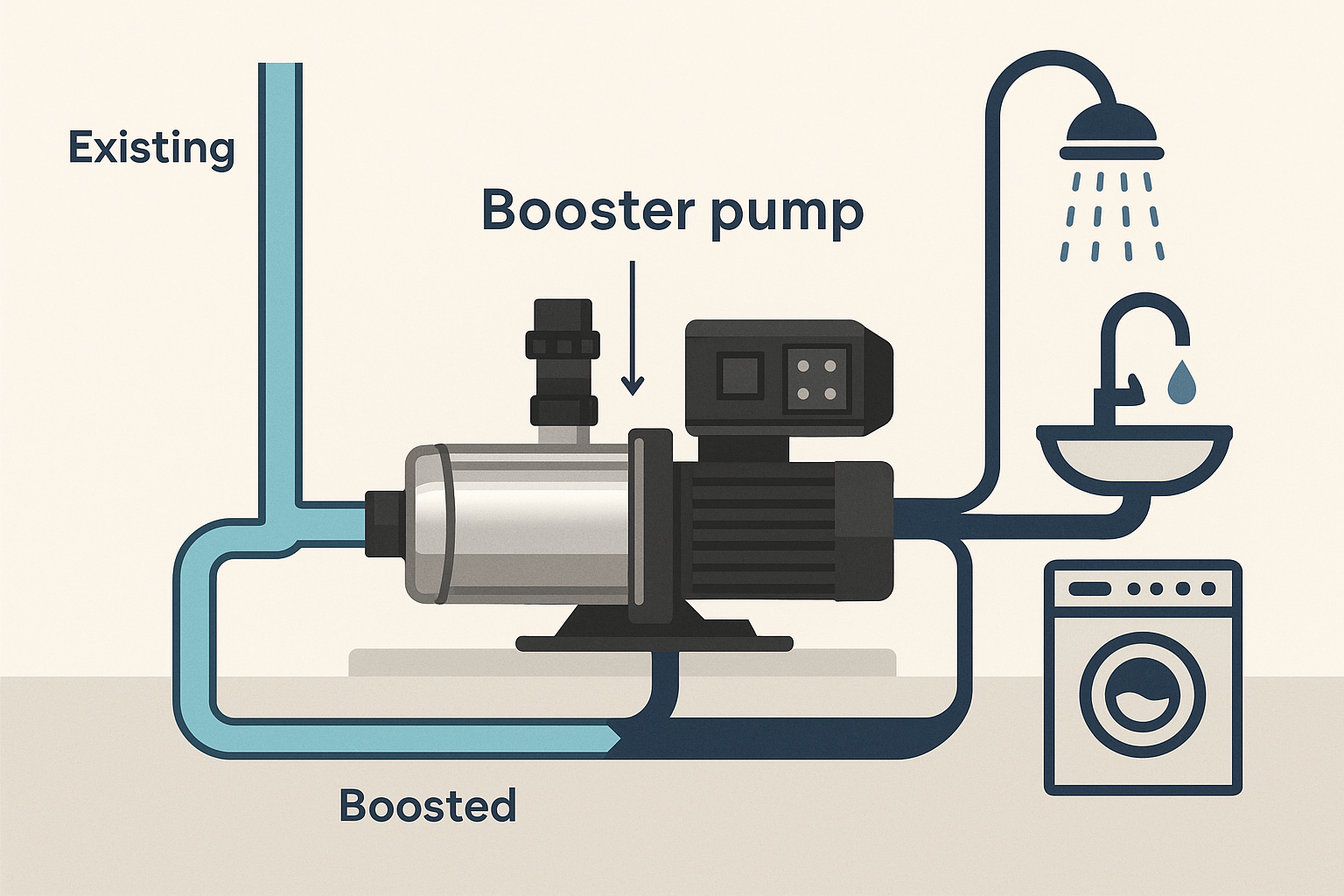 Diagram showing a booster pressure pump increasing water pressure in a pipeline