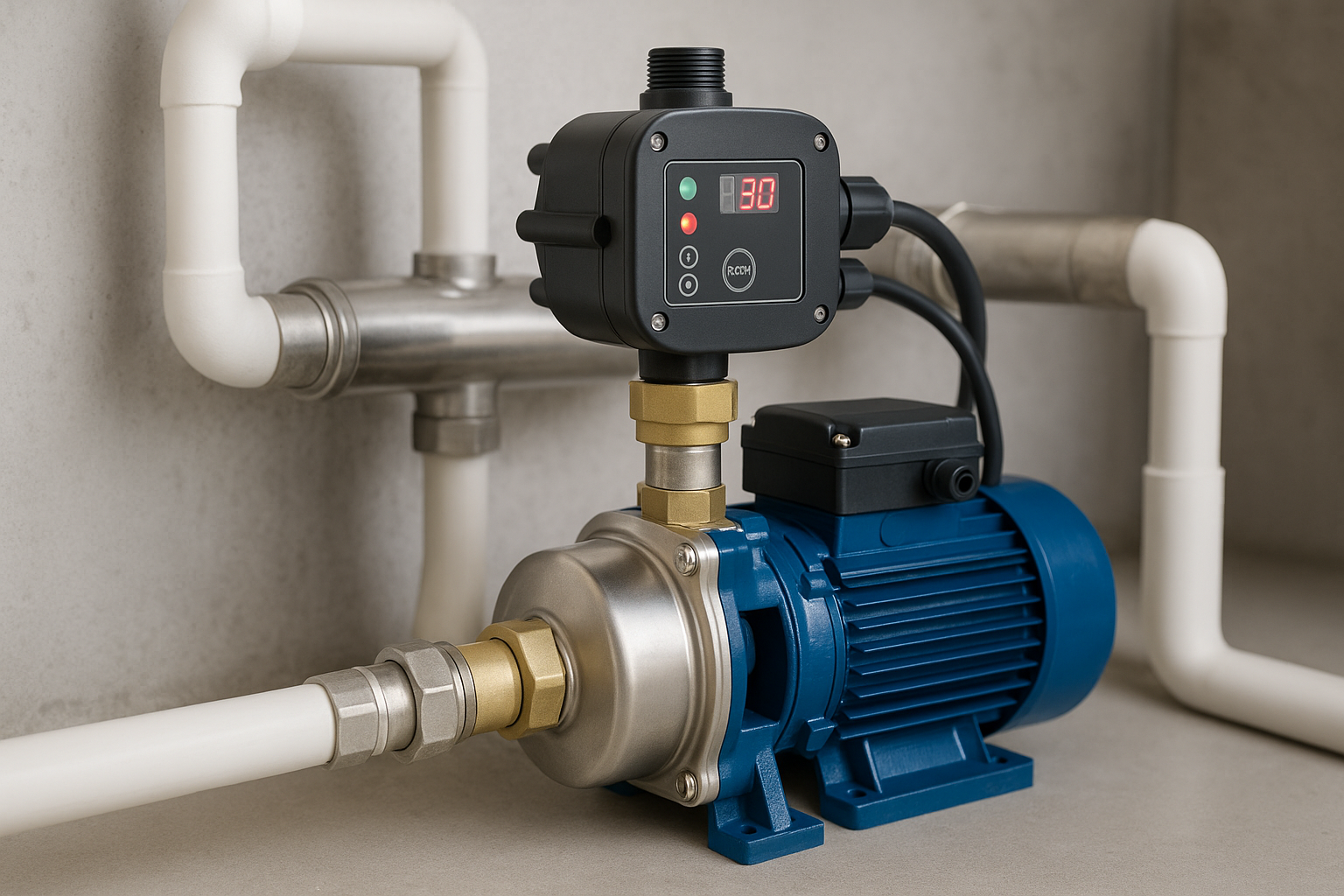 Diagram showing a water boosting pump increasing pressure in a multi-story building