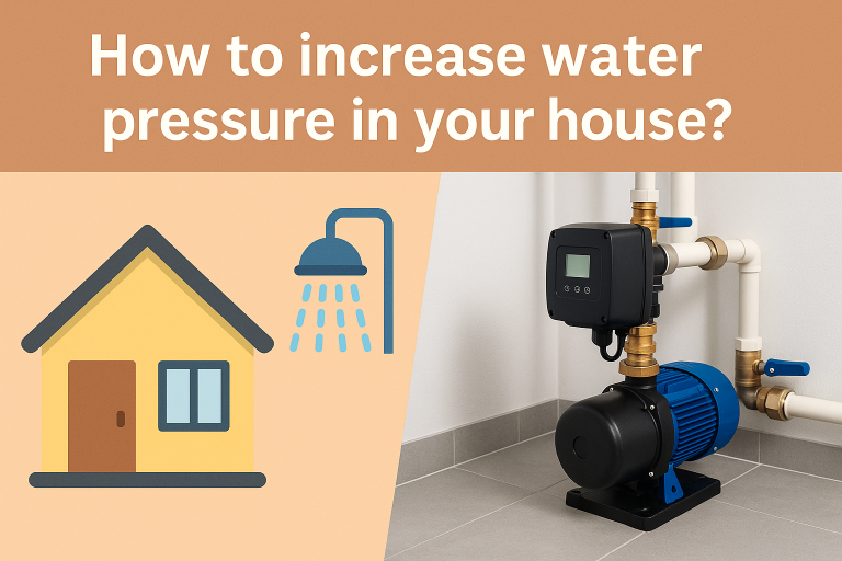 RAFSUN home water pressure booster pump installed in a household plumbing system. The pump increases low water pressure, ensuring consistent and powerful flow for showers, taps, and household appliances.