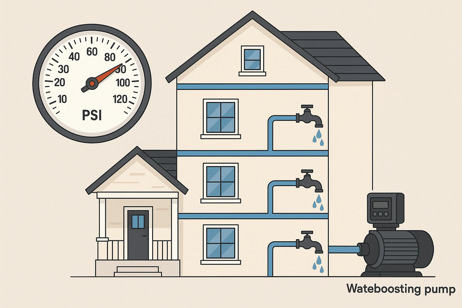 A cross-section of a 3-story house with pressure gauges showing consistent PSI on each floor thanks to a booster pump