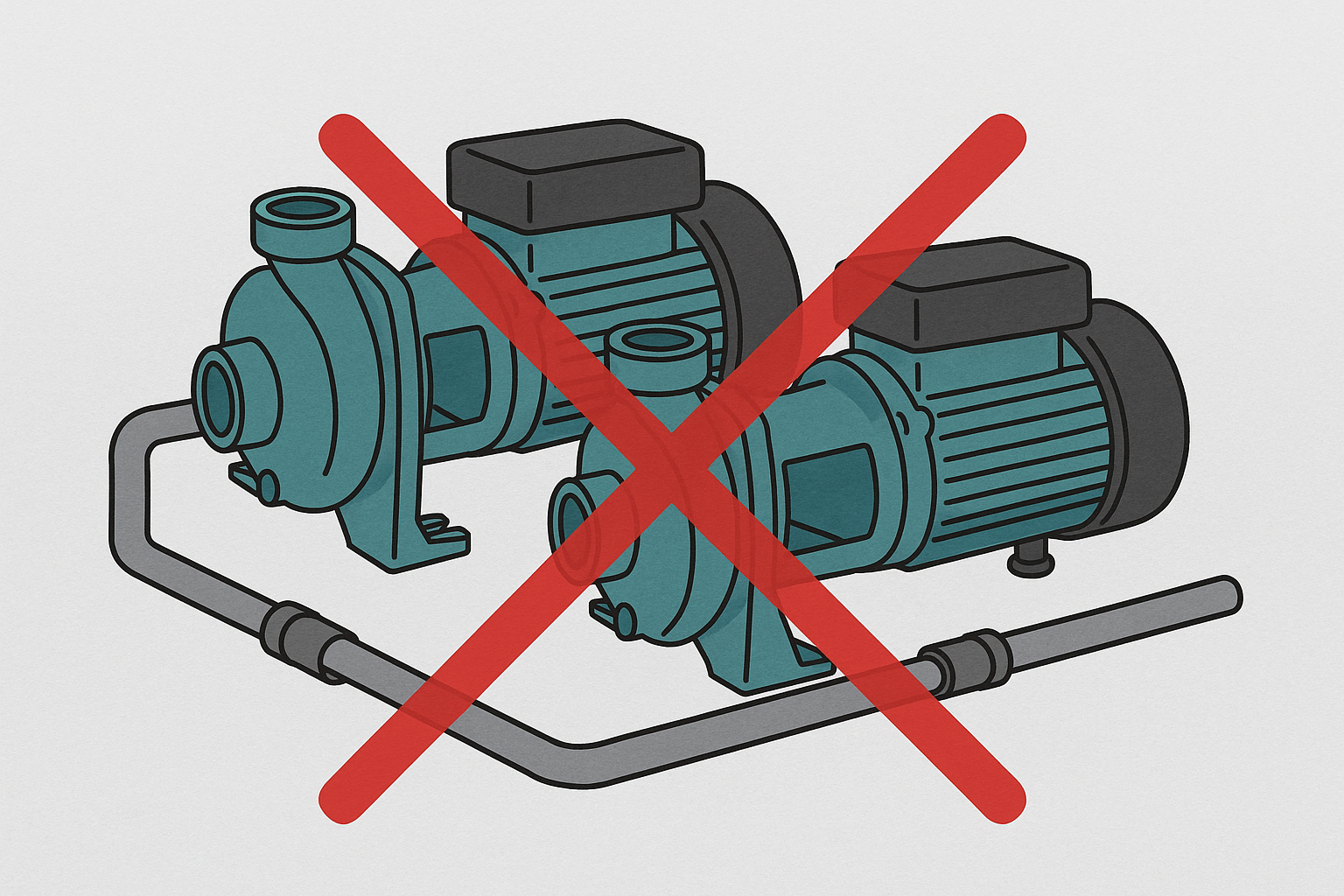 Image of two mismatched pumps incorrectly plumbed together with a "X" over it