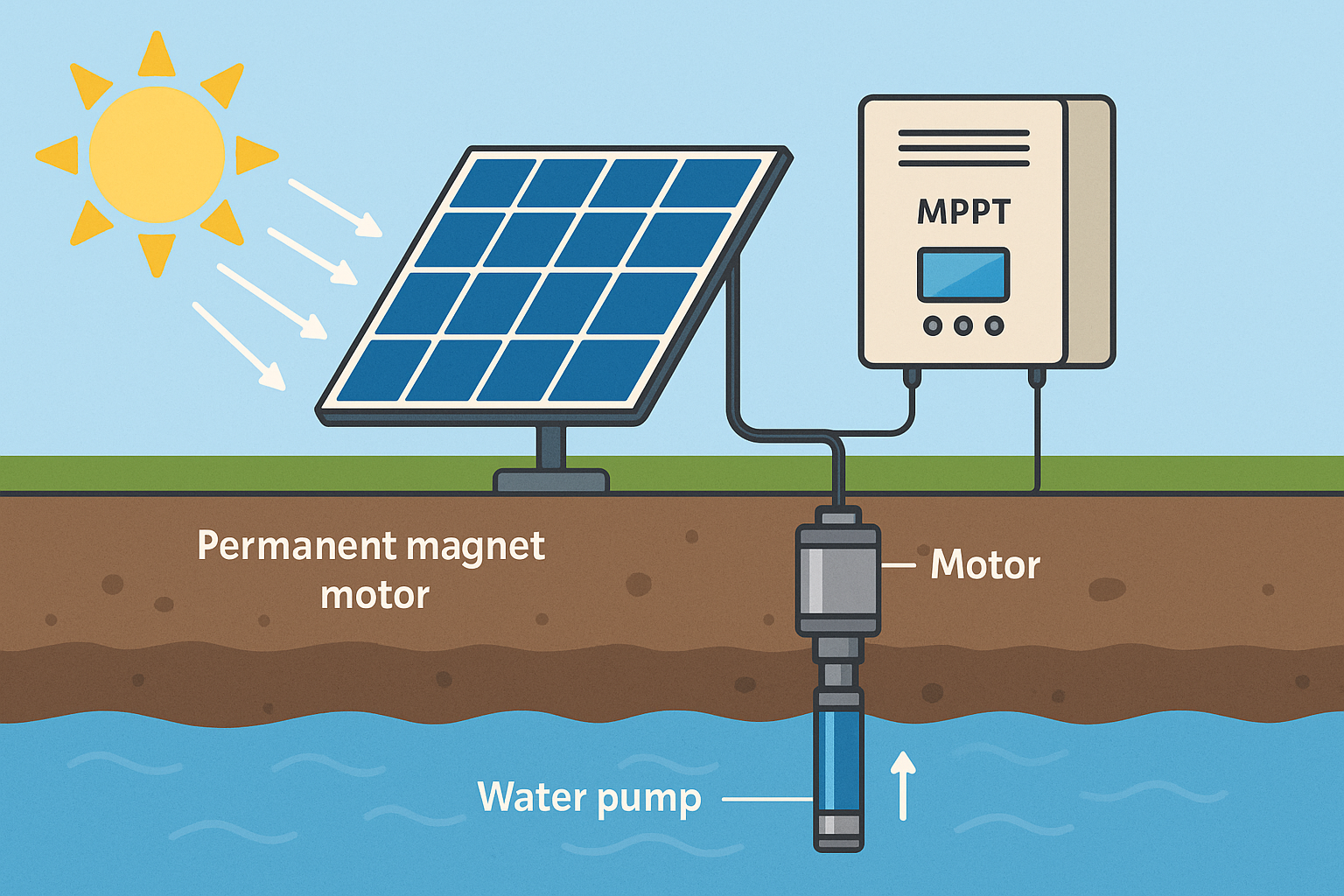 A highly efficient solar water pump system installed in a field