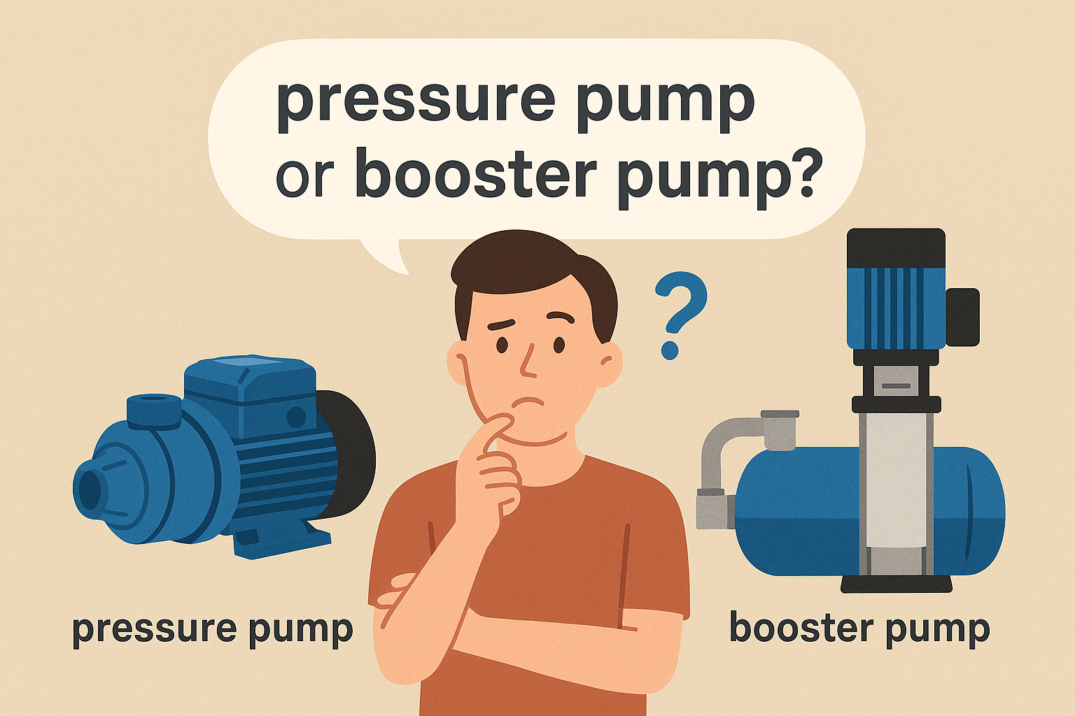 A homeowner pointing to their water pressure gauge, wondering which pump to choose