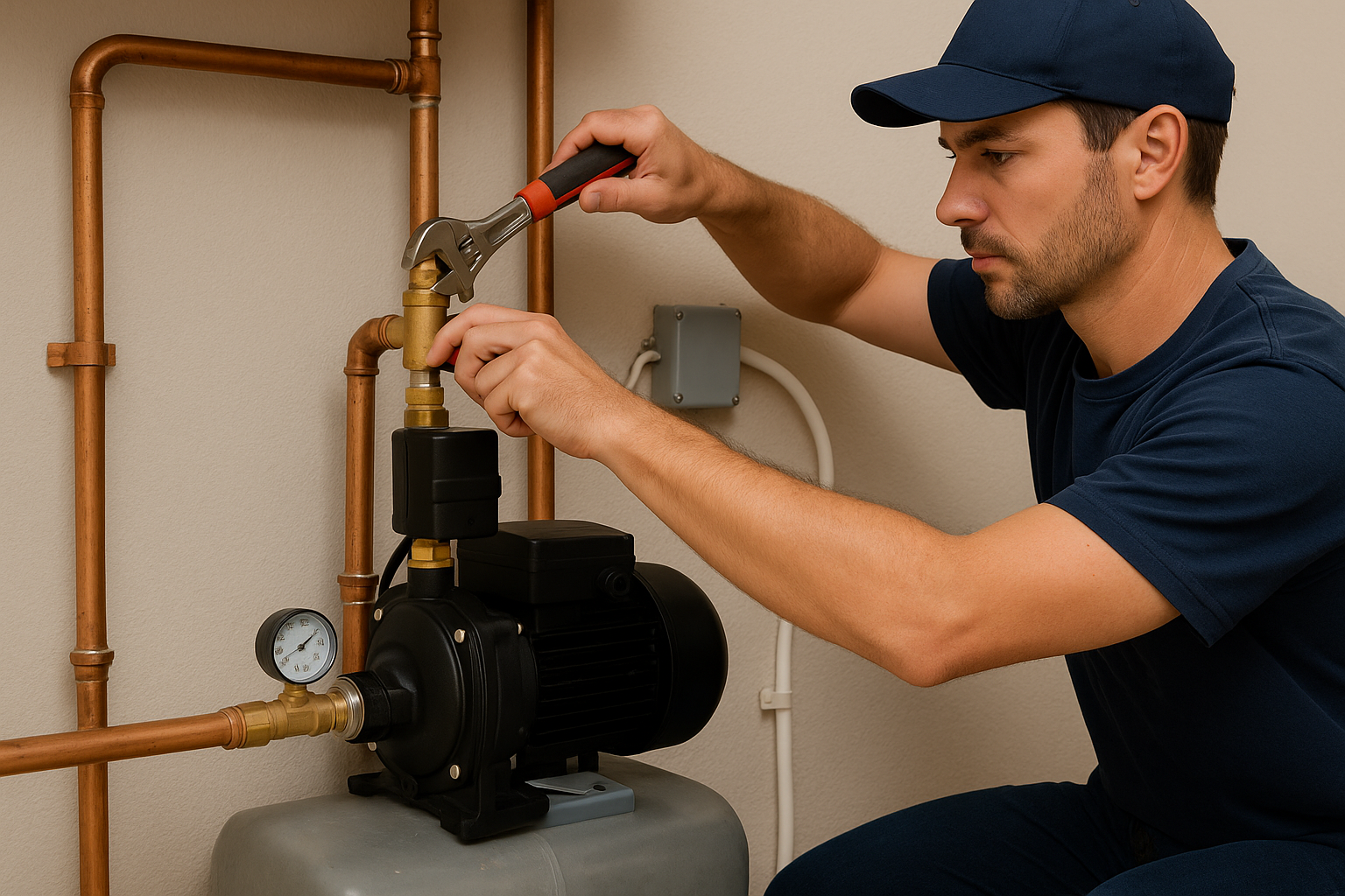 A professional plumber carefully installing a home booster pump.
