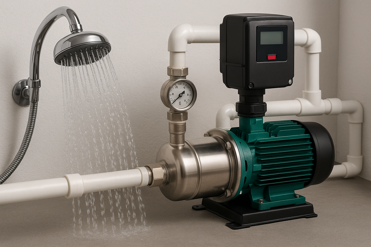 A modern constant pressure pump installed in a clean utility room.