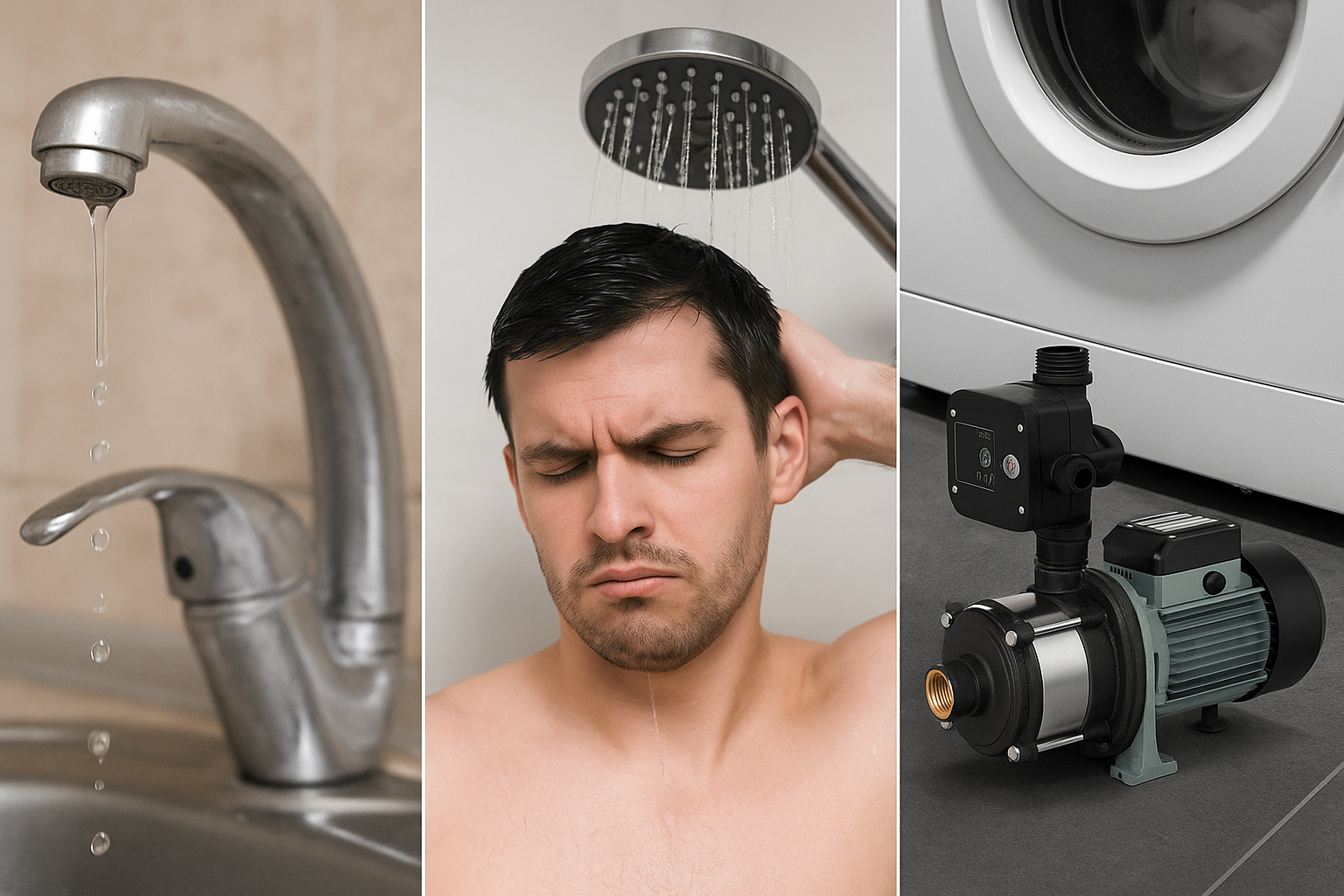 A homeowner looking frustrated at a trickling kitchen tap