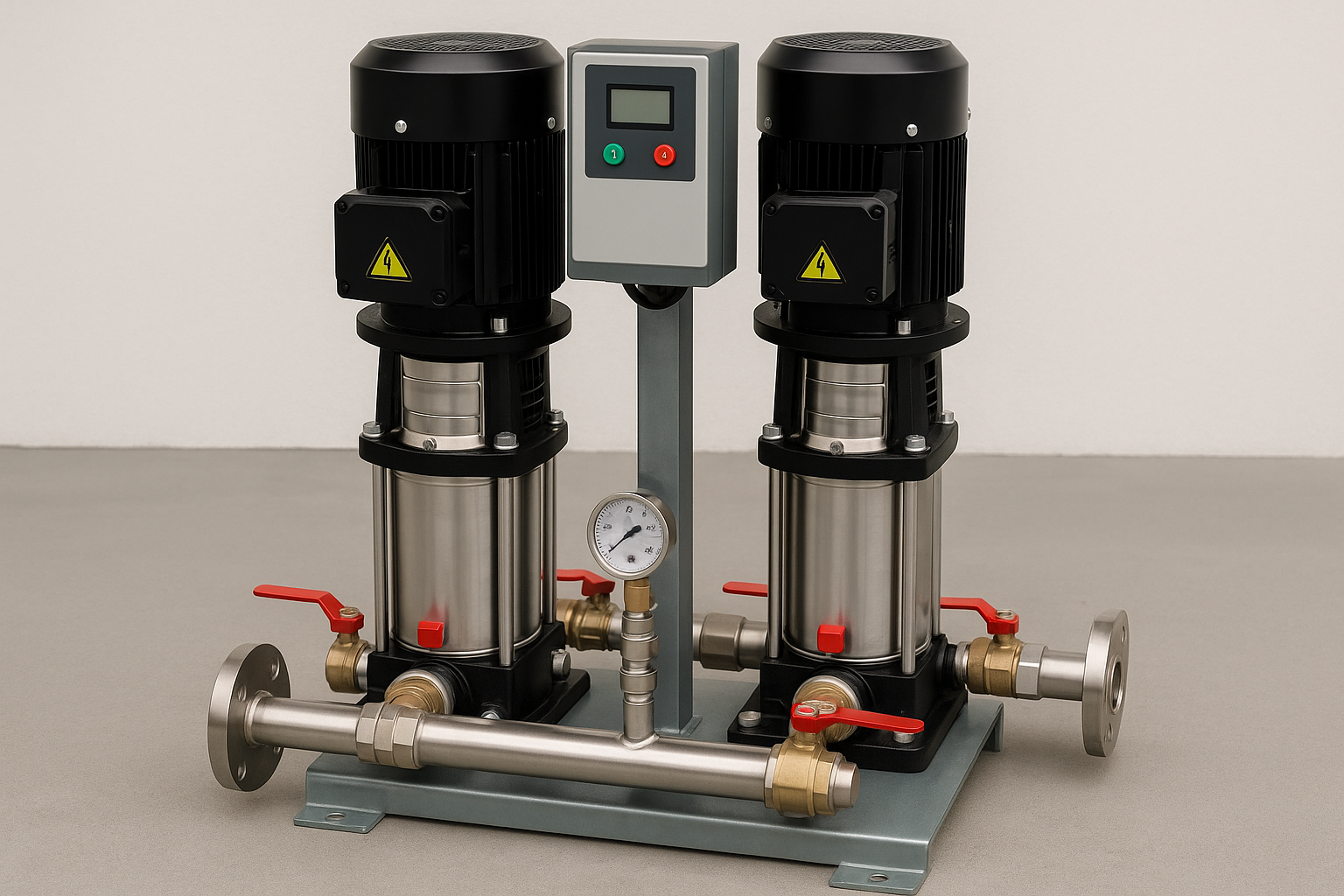 Two RAFSUN VSD booster pumps linked together on a common base