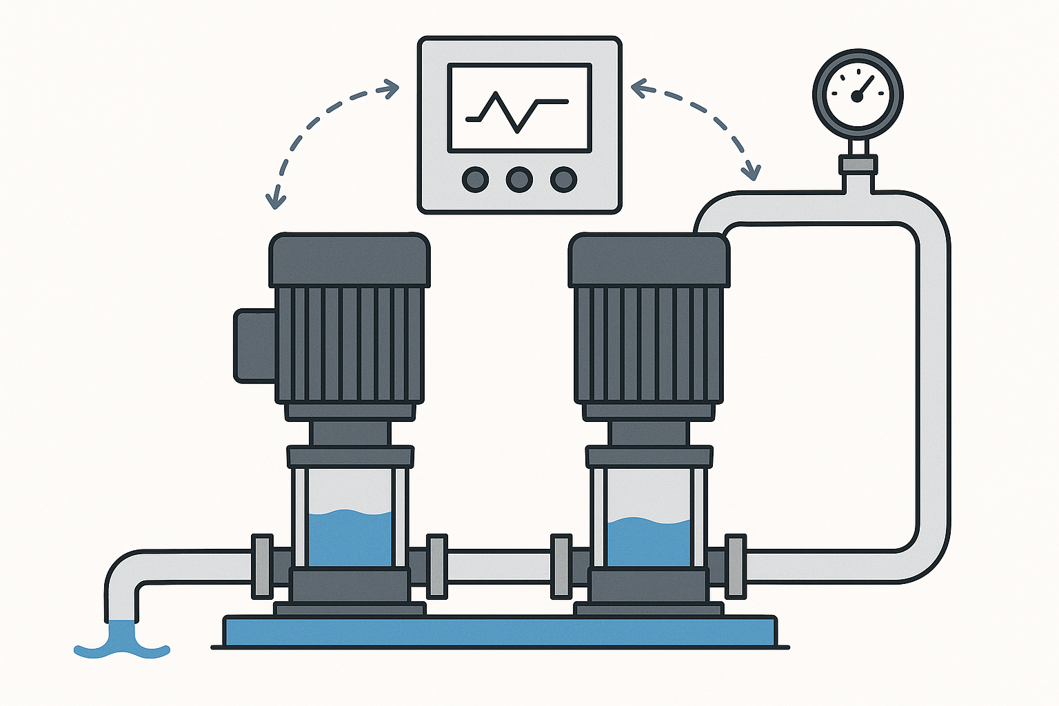 Control panel of a RAFSUN twin booster pump system showing diagnostics