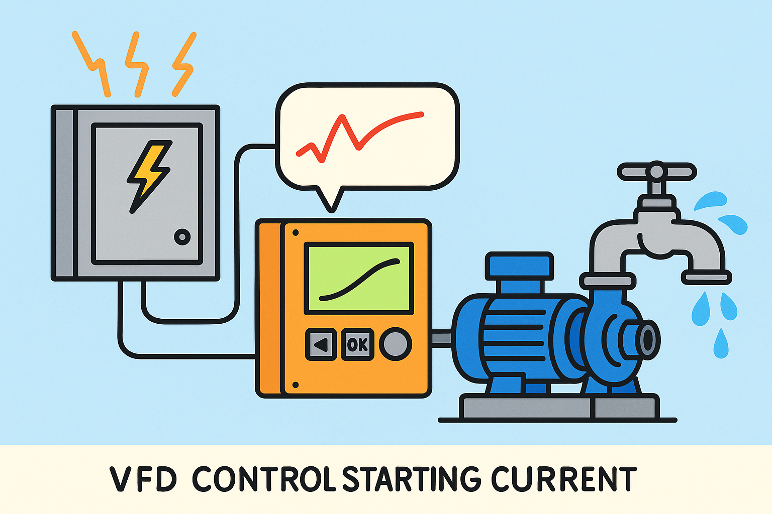 An electrical graph showing a smooth soft start vs a jarring direct-on-line start
