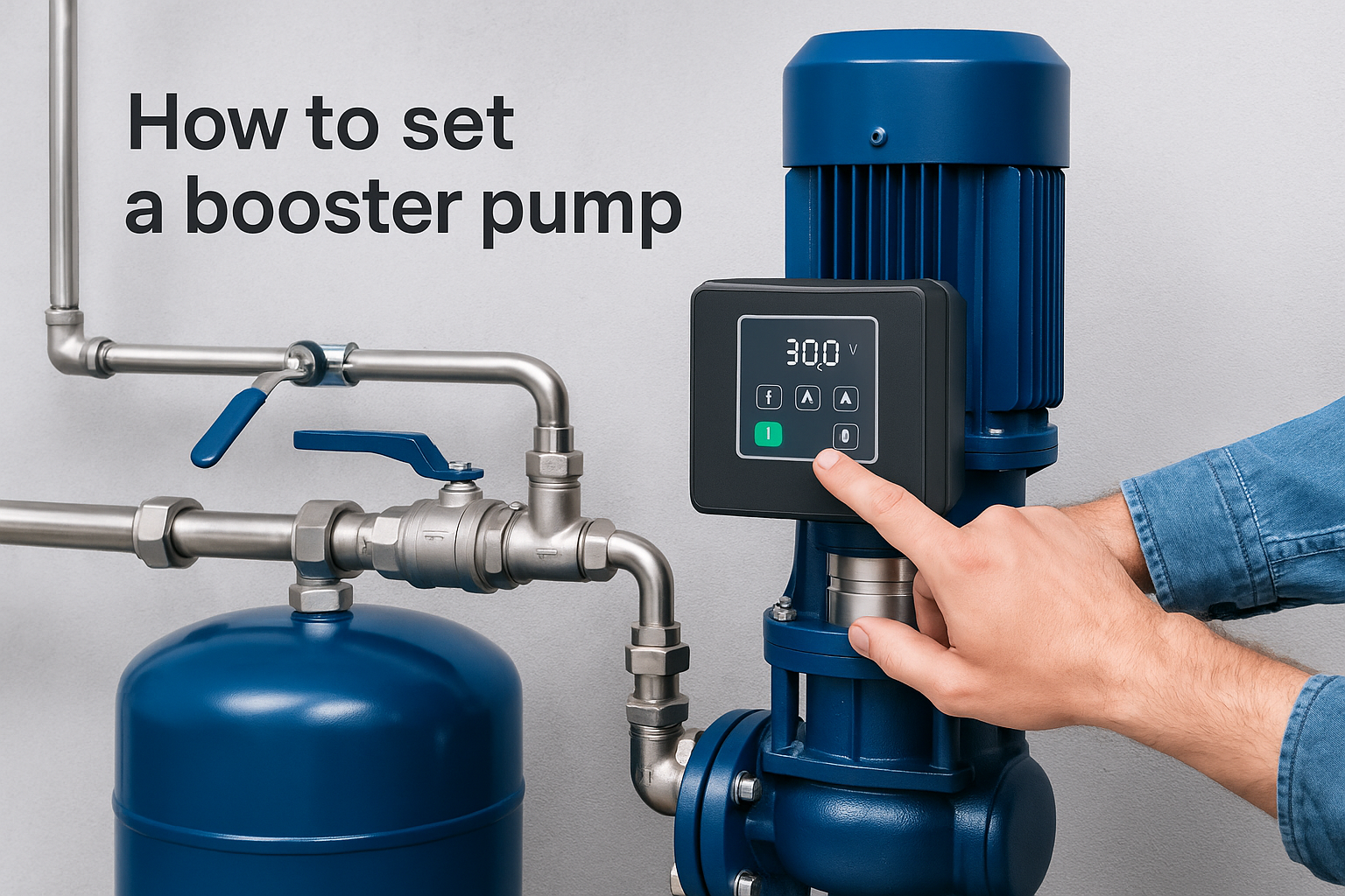 Close-up of a digital control panel on a RAFSUN booster pump showing pressure setting