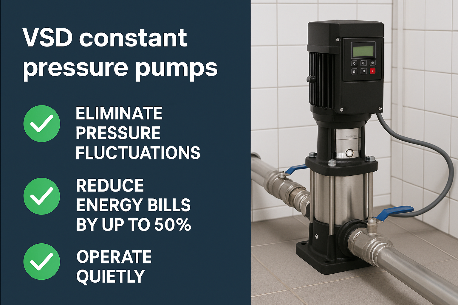 A graph showing stable pressure with a VSD pump versus fluctuating pressure with a traditional pump.
