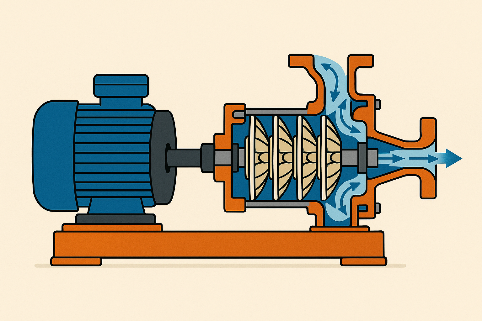 Cutaway view showing the water flow path in a horizontal multistage pump