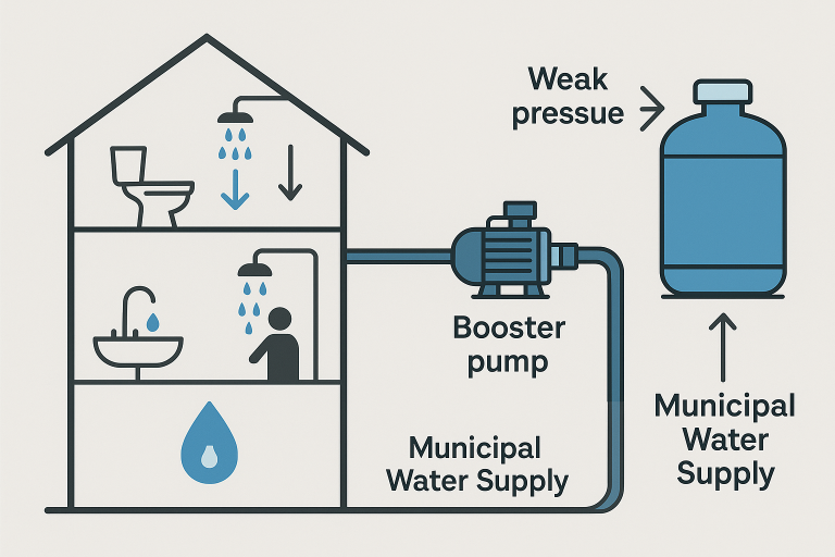 RAFSUN booster pump illustration showing how it boosts weak municipal water supply pressure for multi-story buildings and household applications. The pump ensures strong, consistent water flow for showers, faucets, and irrigation when municipal water pressure is too low.