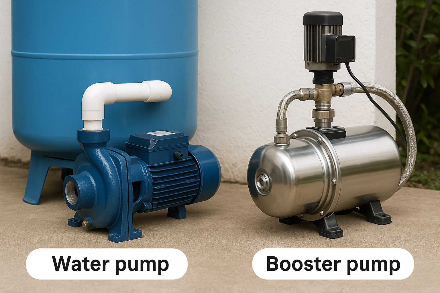 An image showing a submersible pump lifting water from a well, and a booster pump increasing pressure in a house.