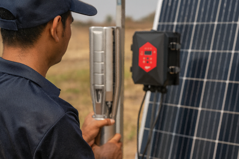 A technician inspects a RAFSUN solar pump system outdoors, holding the stainless steel submersible pump next to a solar panel and MPPT controller. The scene shows how a solar pump operates using sunlight to generate electricity for water pumping, illustrating the key components of a modern solar-powered water pump setup. This detailed image helps explain what a solar pump is and how RAFSUN systems provide efficient, off-grid water solutions.