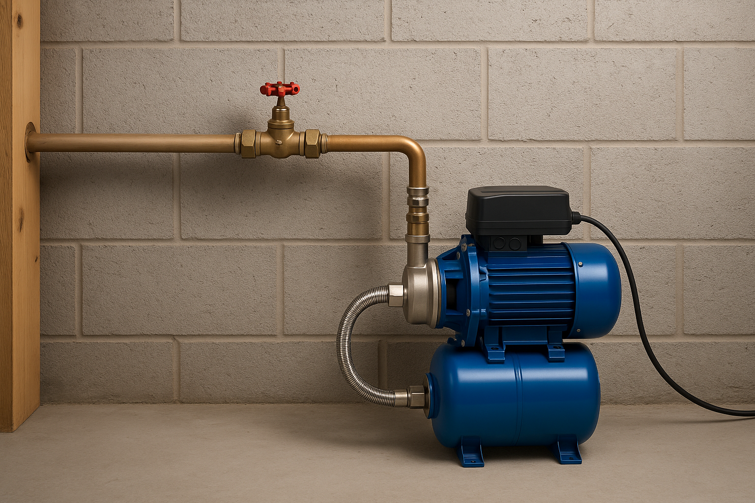 A clear diagram showing the correct installation point for a booster pump on a home's main water line.