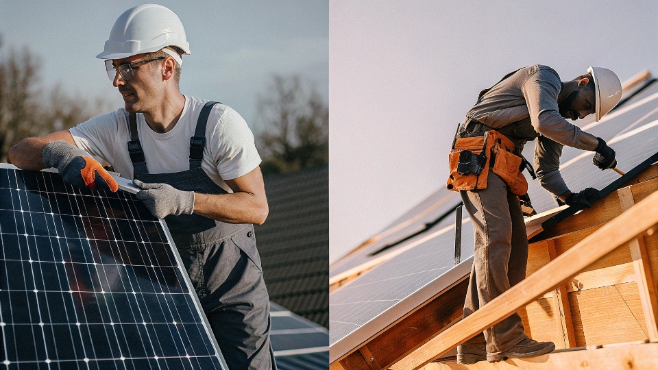 Technician installing solar panels for a well pump