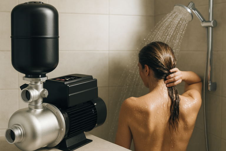 A modern rafsun water booster pump installed indoors, positioned next to a tiled shower, highlighting its role in providing strong and consistent water pressure. A woman enjoys a powerful shower stream, illustrating the effectiveness of the booster pump in improving water flow for household use. The pump features a sleek stainless steel body, black pressure tank, and digital control panel, representing advanced technology and reliable performance for residential water supply systems.