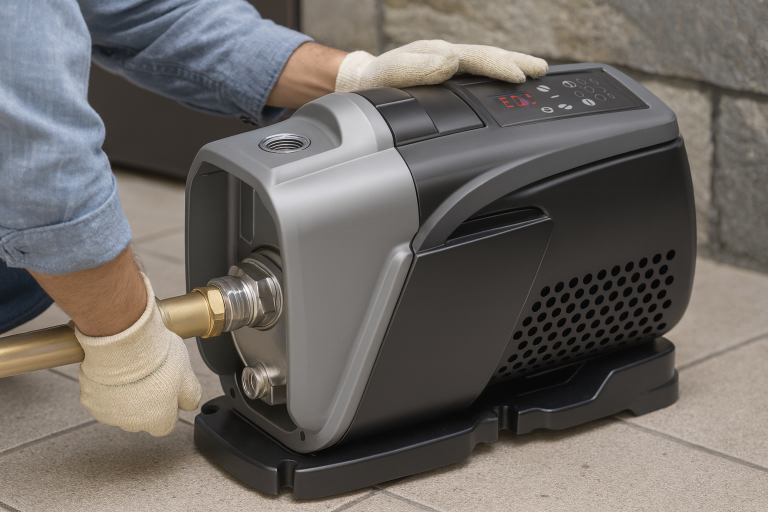 Close-up view of a technician connecting a RAFSUN Booster Pump to a brass water pipe during installation. The compact, modern design of the RAFSUN Booster Pump features a digital control panel on top, providing precise pressure regulation and efficient performance. The technician, wearing protective gloves, ensures secure fittings for reliable operation. This RAFSUN Booster Pump is engineered for constant water pressure, energy efficiency, and long-term durability in residential and commercial water supply systems.