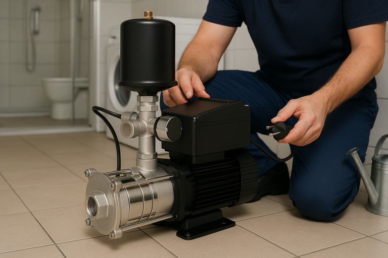 A technician prepares to connect a RAFSUN VFD booster pump with stainless steel multistage housing and integrated pressure tank in a modern utility room. The RAFSUN variable frequency drive booster pump ensures constant water pressure for showers, washing machines, and household water systems, combining energy efficiency, reliability, and quiet operation.