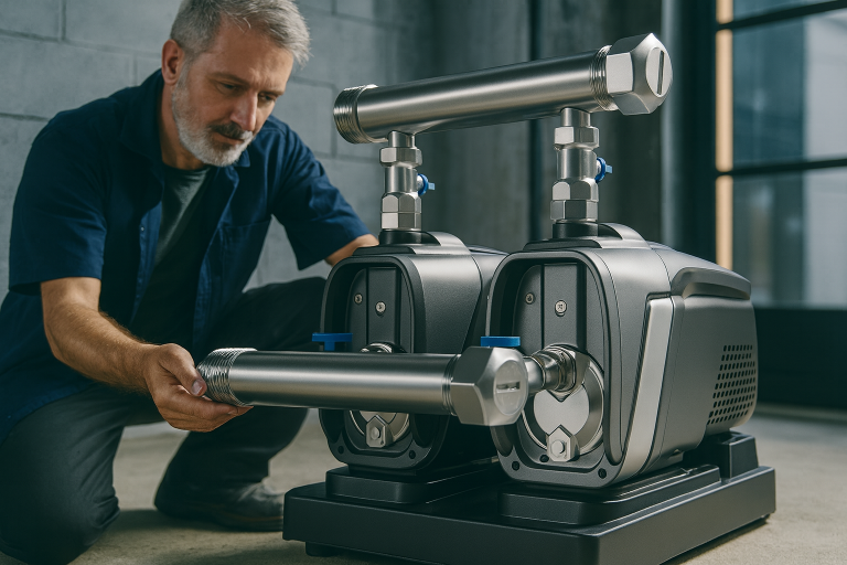 Technician installing a twin RAFSUN Inverter Booster Pump system with stainless steel piping in an industrial setting. The dual inverter booster pumps are designed to operate in parallel, providing constant water pressure, high efficiency, and energy savings for commercial buildings, residential complexes, and multi-story facilities. RAFSUN Inverter Booster Pumps ensure reliable performance and long-term durability.
