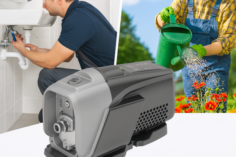 Rafsun VFD booster pump designed for professional water supply applications. This energy-efficient variable frequency drive booster pump provides constant pressure for bathrooms, kitchens, washing machines, and garden irrigation. Shown with a technician handling plumbing installation and outdoor watering, it demonstrates reliable performance for residential, commercial, and multi-story building water systems.