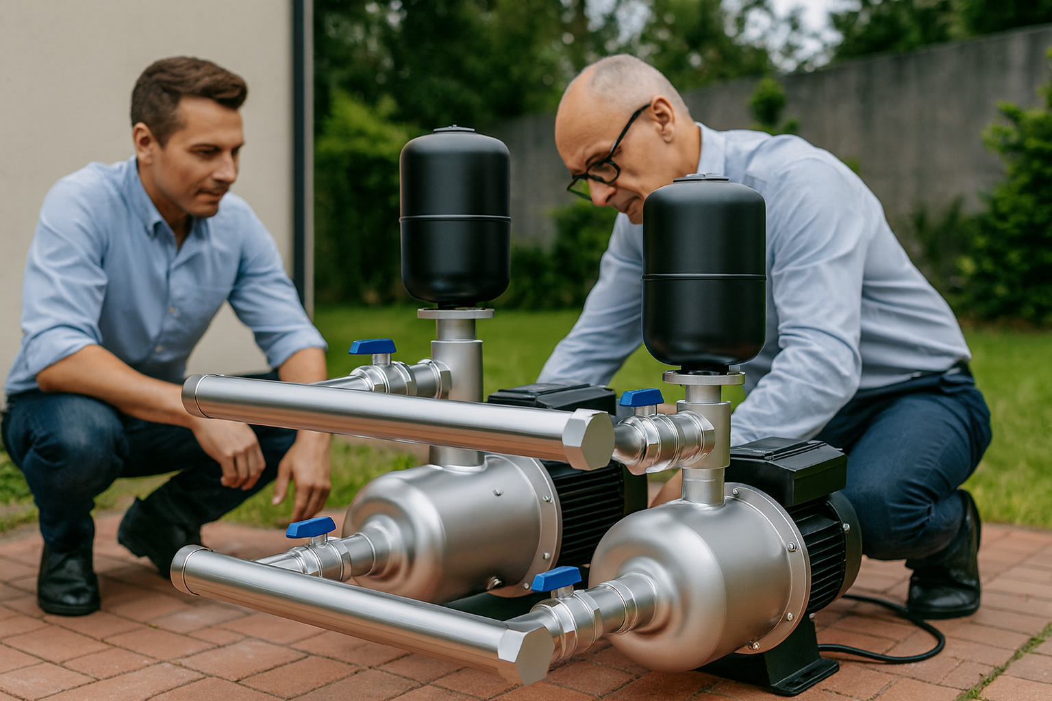 A homeowner looking at a pressure gauge on their water system.