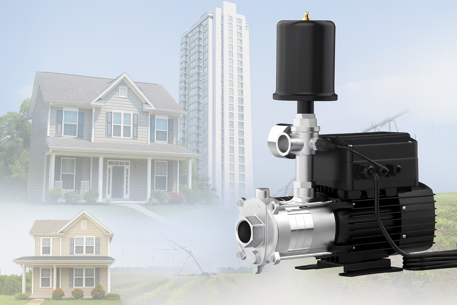 A diagram showing a booster pump used for a home, a building, and a farm