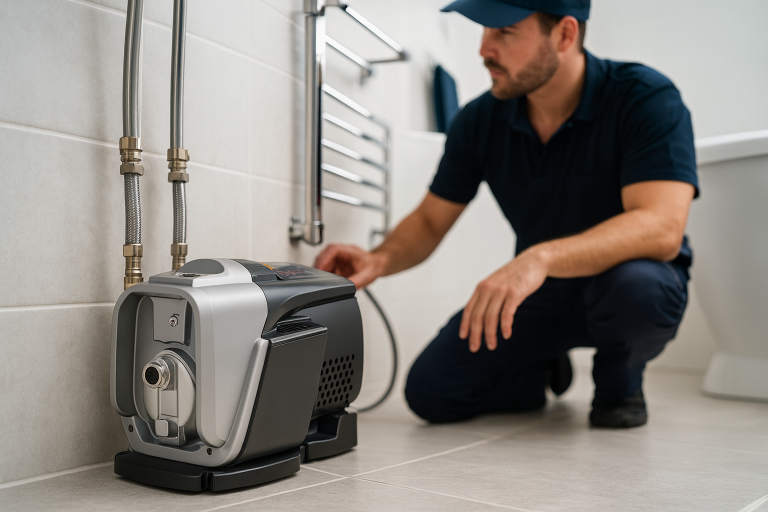 Indoor installation of a RAFSUN Booster Pump, with a technician inspecting the unit. The modern, compact pump is connected to stainless steel and brass water pipes on a tiled wall, designed to increase water pressure for residential and commercial systems. The technician, dressed in work uniform and cap, kneels beside the RAFSUN Booster Pump to ensure proper installation and performance. This RAFSUN Booster Pump provides constant water pressure, energy efficiency, and reliable operation for bathrooms, kitchens, and multi-story buildings.
