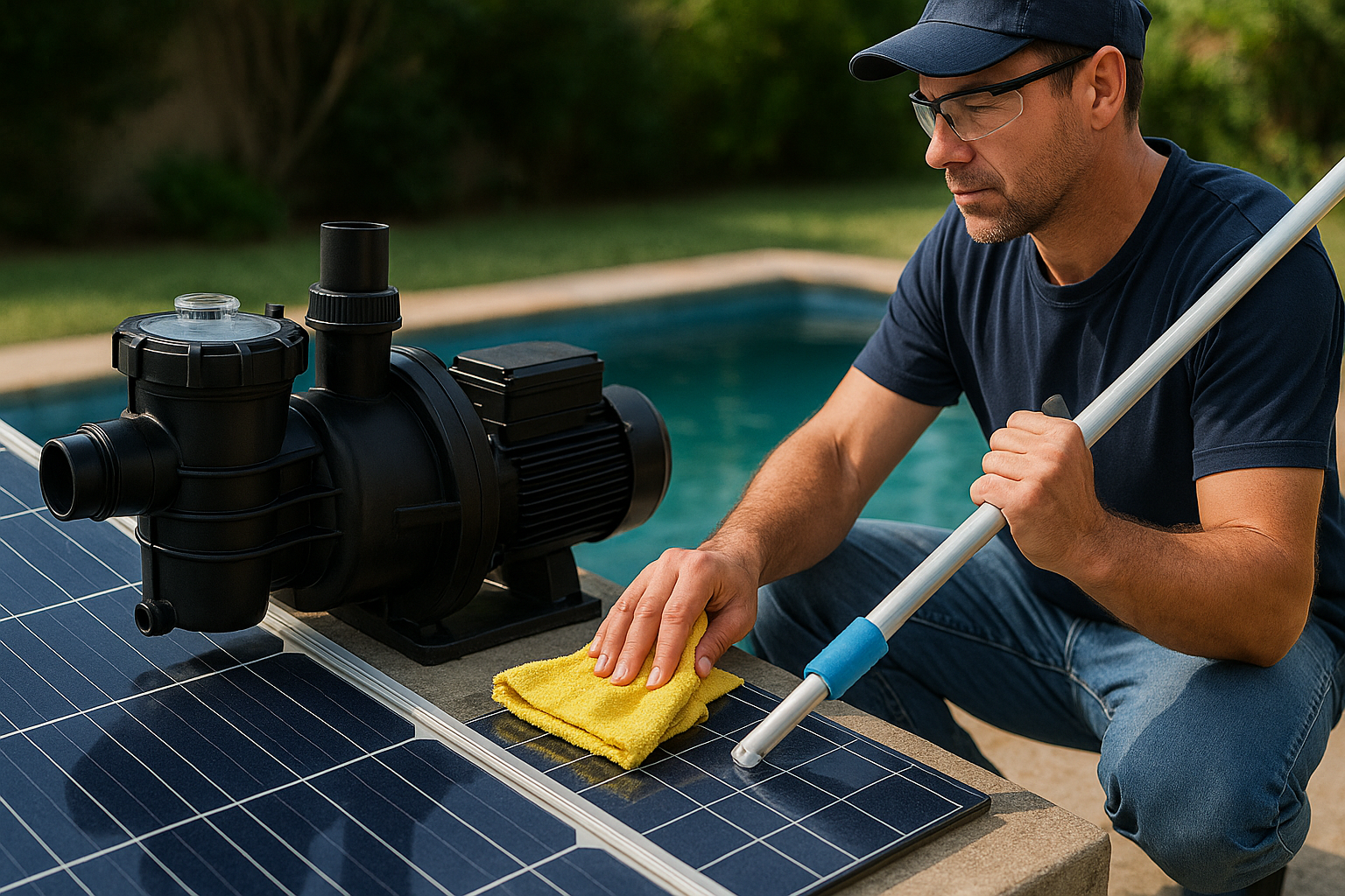A close-up shot of a soft brush cleaning a solar panel on a roof