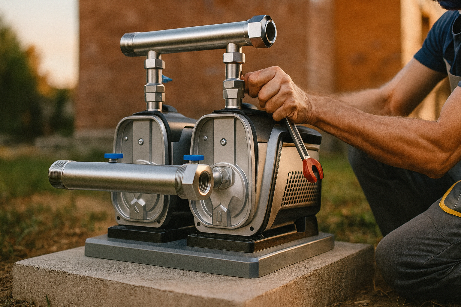 A compact, modern booster pump being installed on a copper pipe