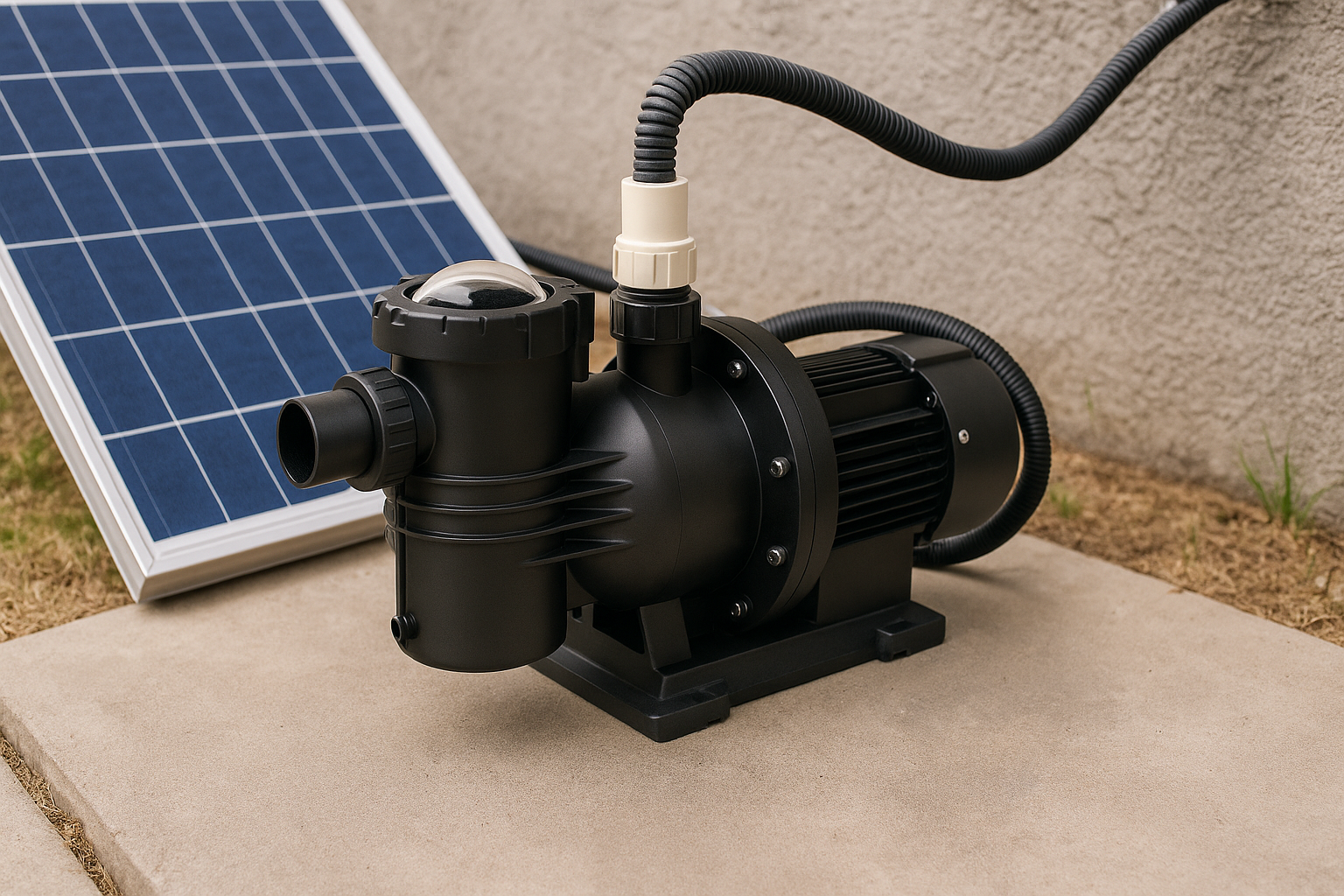A person easily wiping a solar panel with a cloth, with the pool pump system in the background.