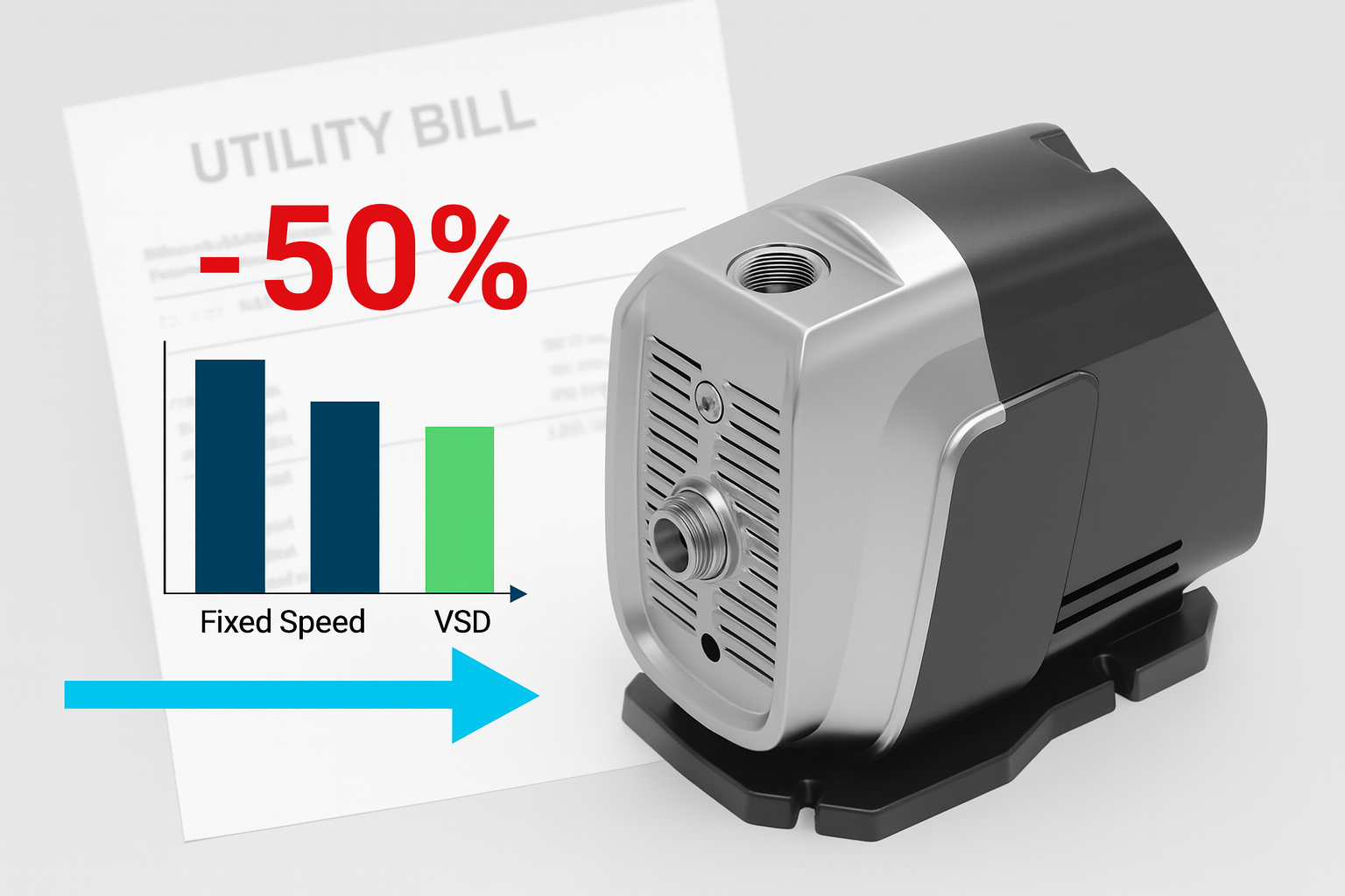An energy-saving icon next to a modern booster pump