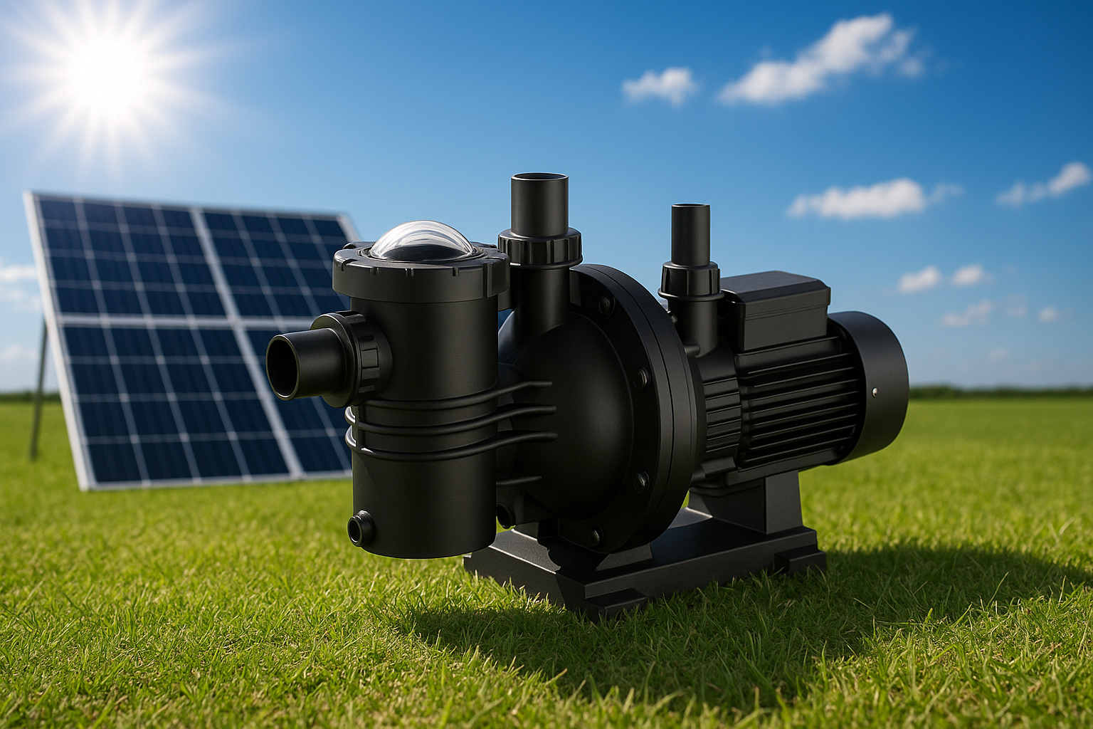 A sleek, futuristic-looking solar pool pump controller with a digital display showing efficiency metrics.