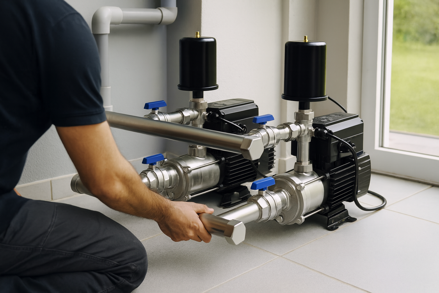A modern VSD booster pump installed on a clean background